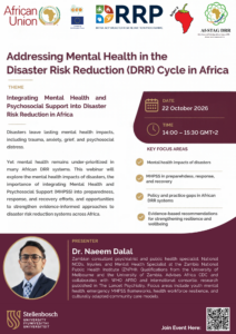 Af-STAG and PERIPERI U DRR Webinar Series flyer: Addressing Mental Health in the DRR Cycle in Africa, 22 October 2026.