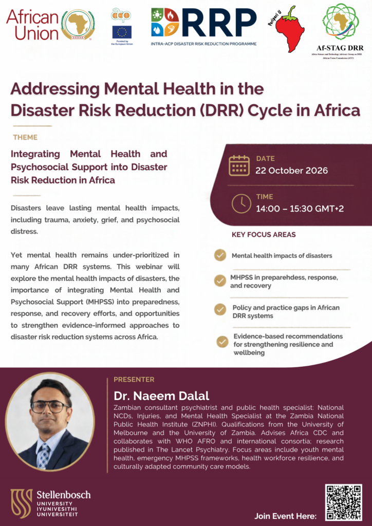 Af-STAG and PERIPERI U DRR Webinar Series flyer: Addressing Mental Health in the DRR Cycle in Africa, 22 October 2026.