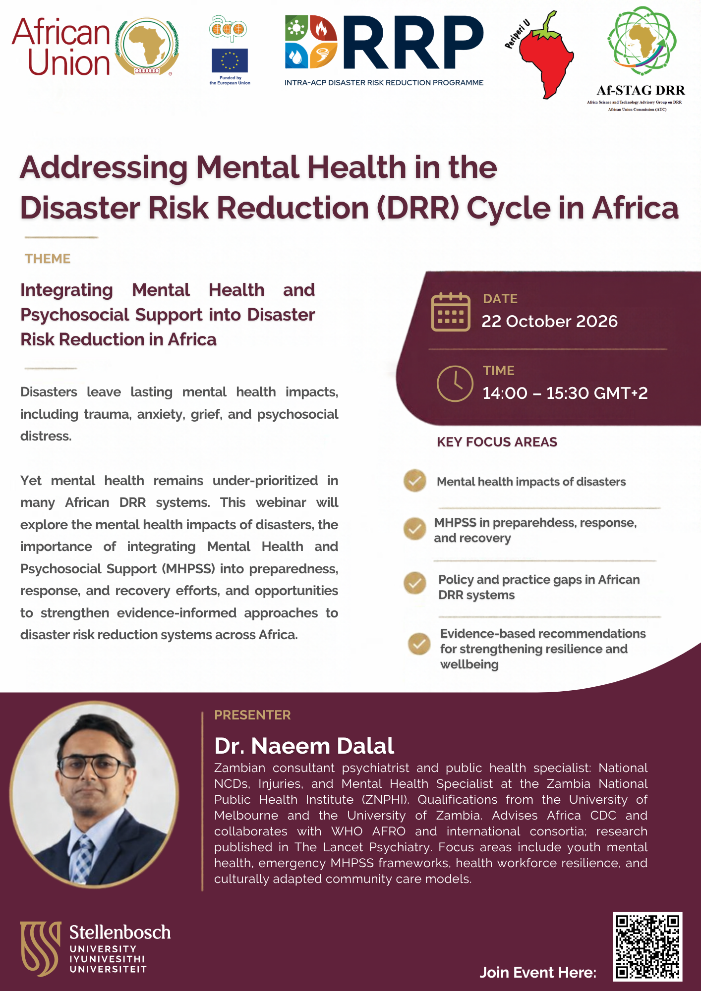 Af-STAG and PERIPERI U DRR Webinar Series flyer: Addressing Mental Health in the DRR Cycle in Africa, 22 October 2026.